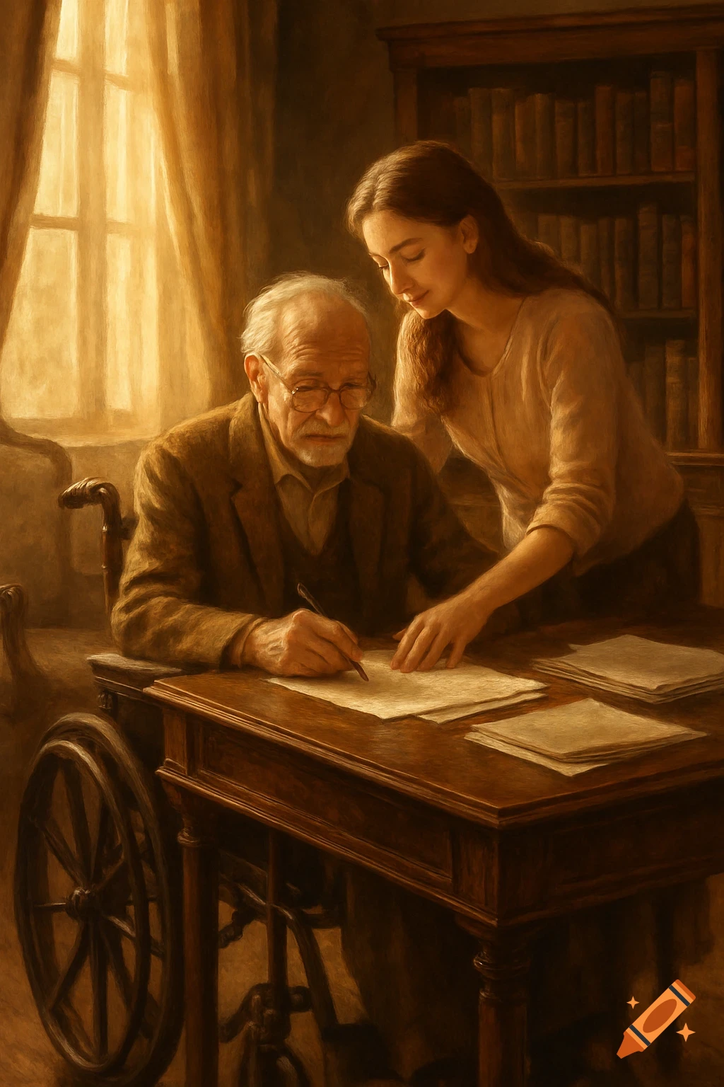 An elderly man in a wheelchair writes at a desk with a young woman assisting, in a warmly lit, painterly indoor scene.