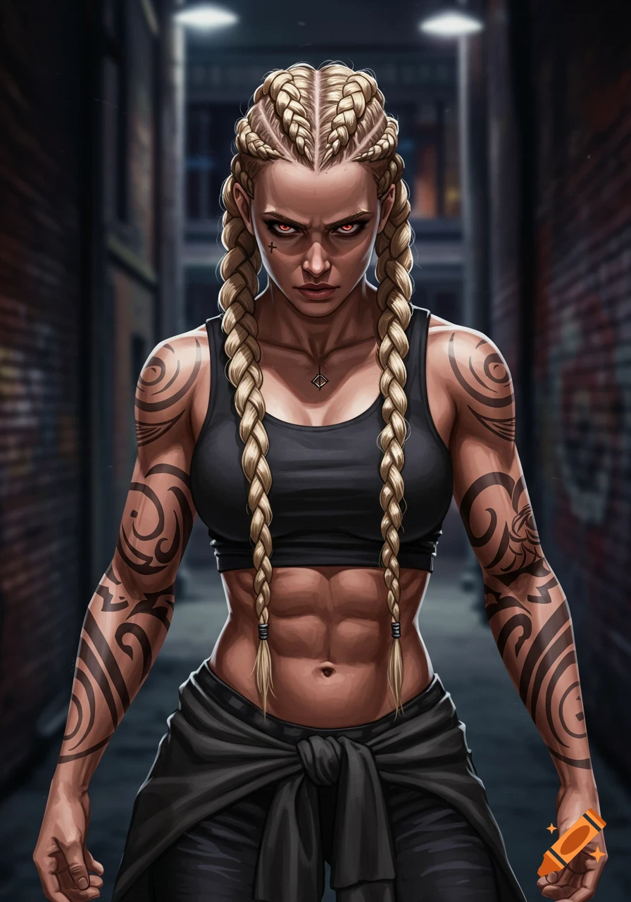 A powerful, muscular woman with blonde cornrows and red eyes stands intensely in a dark alley, covered in tribal tattoos.