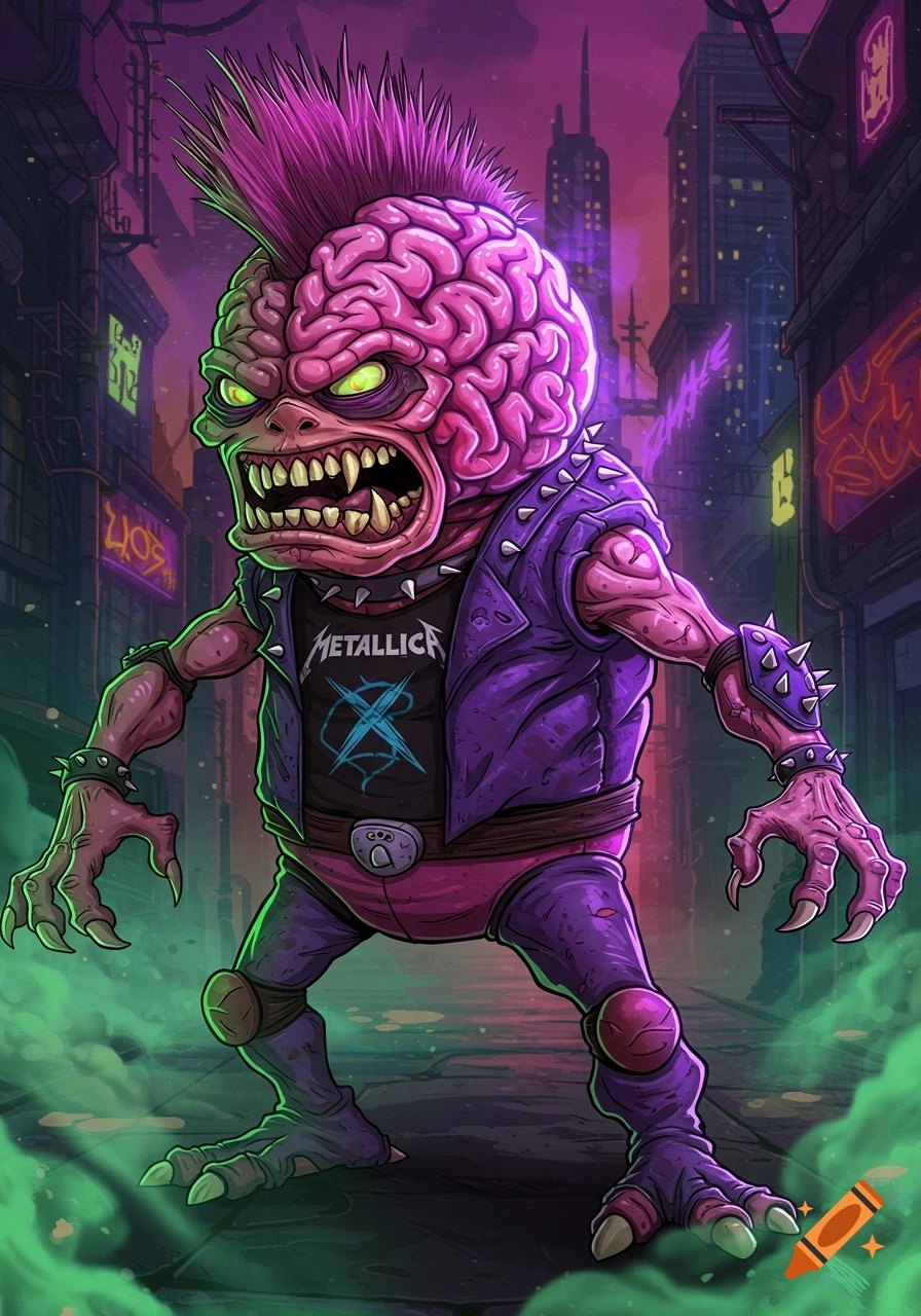 Cartoon punk monster with a brain head and purple mohawk, wearing a studded jacket and Metallica shirt, standing in a neon-lit futuristic city street.