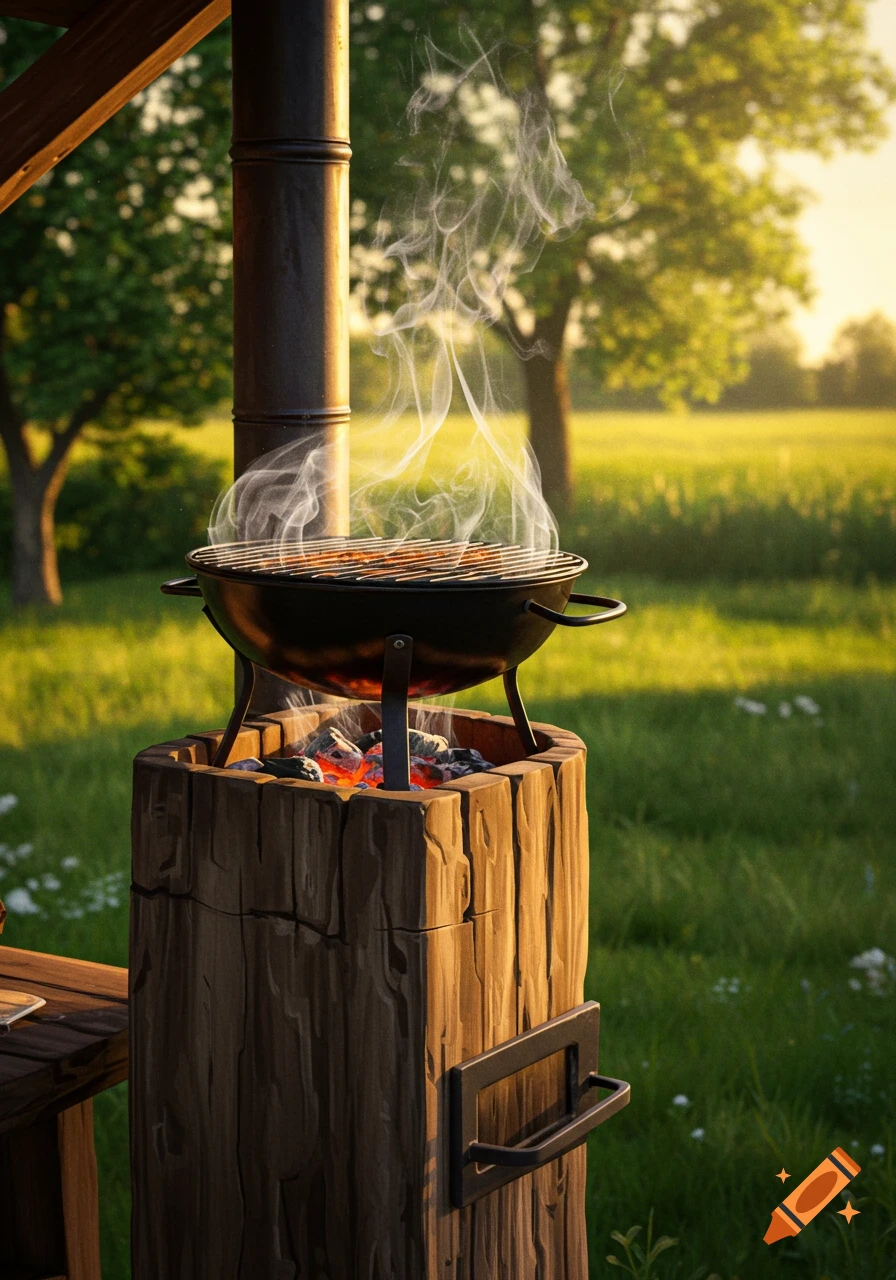 A smoking barbecue grill on a wooden base in a sunlit grassy field with trees in the background, photorealistic style.