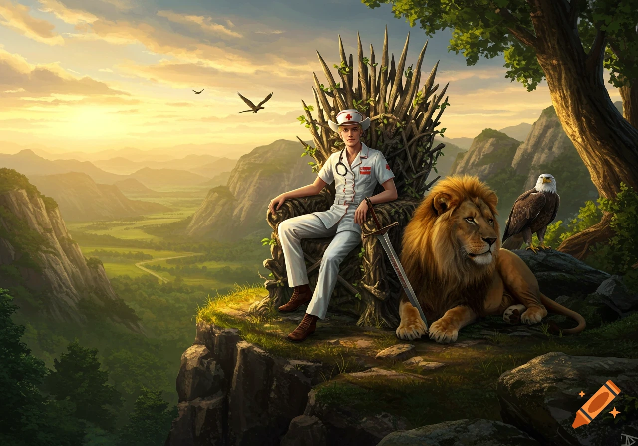 A male nurse in a white uniform and cowboy hat sits on a throne made of branches on a mountain cliff, next to a lion and an eagle, overlooking a vast green valley at sunset.