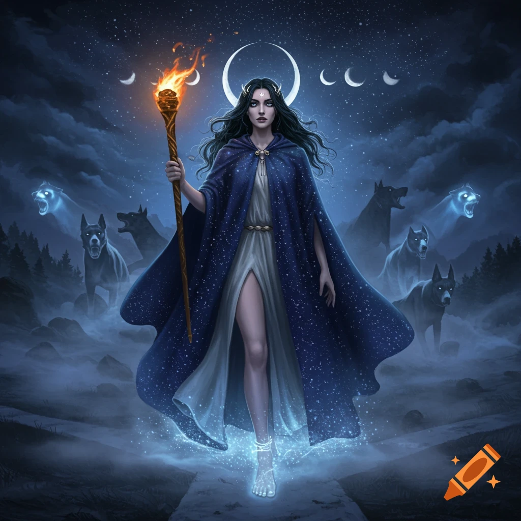 A dark fantasy illustration of Hecate, a goddess in a starry blue cloak, holding a torch, with glowing dogs and moon phases in a misty night forest.