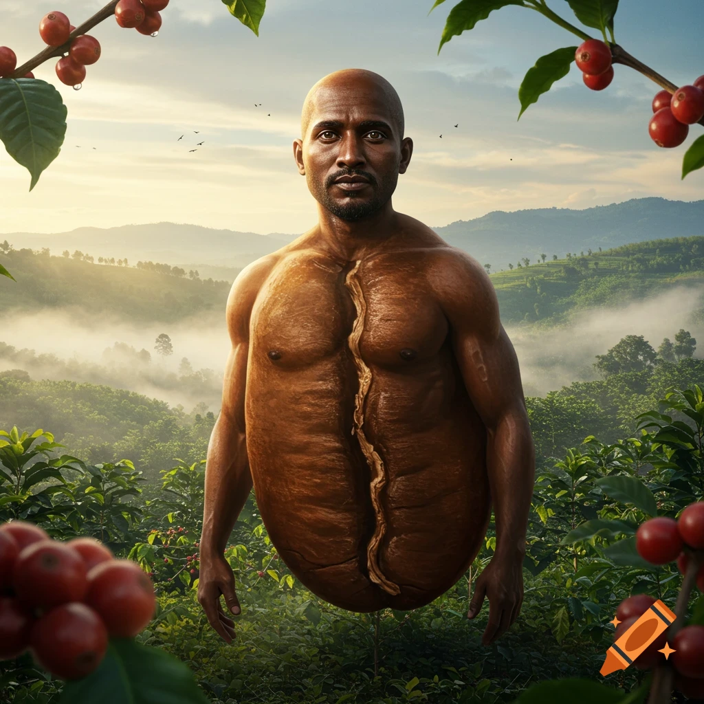 Photorealistic image of a man with a coffee bean-shaped body, standing in a lush coffee plantation with red coffee cherries.