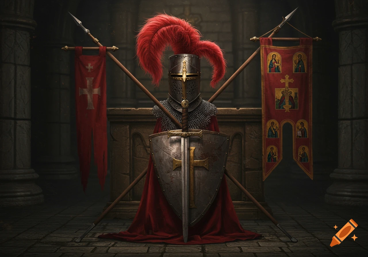 A detailed render of a knight's armor, shield, and sword with religious symbols, flanked by lances and banners in a dimly lit medieval hall.