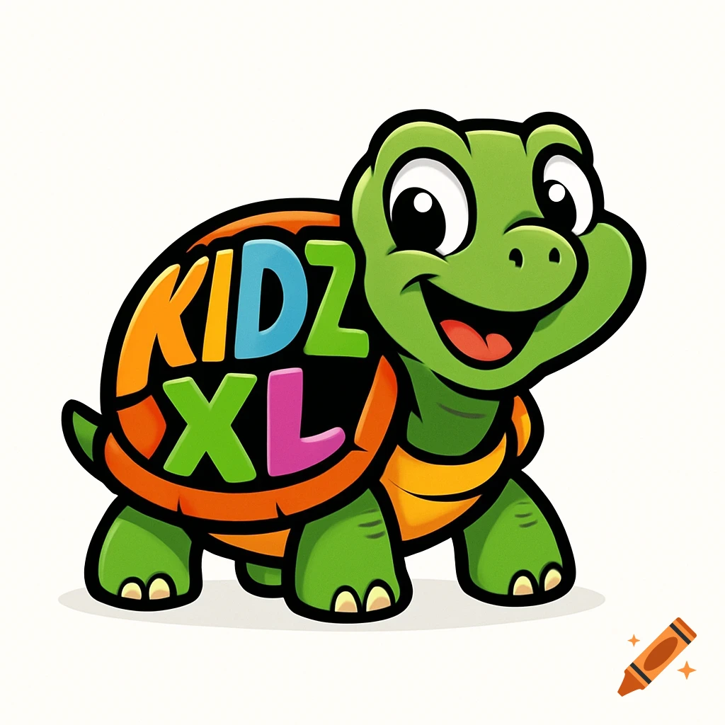 A vibrant cartoon turtle with 'KIDZ XL' written on its shell, on a white background.