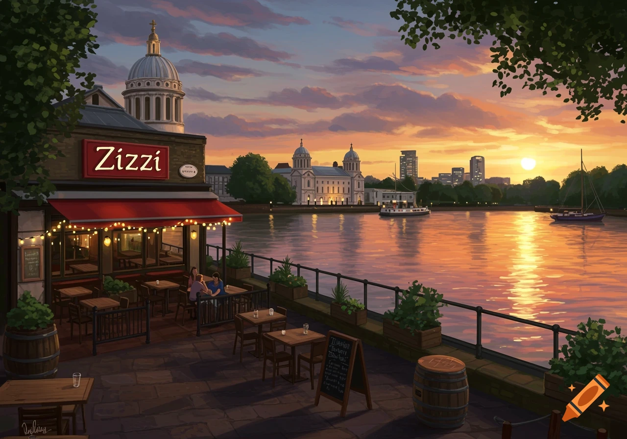 A Zizzi restaurant with a red awning and string lights by the River Thames at sunset, with a cityscape in the background.
