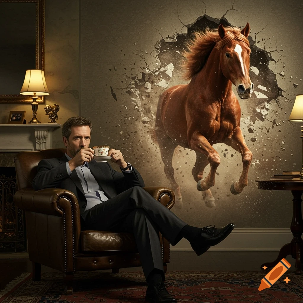 Photorealistic image of Dr. Gregory House drinking tea in a chair as a horse bursts through the wall behind him.