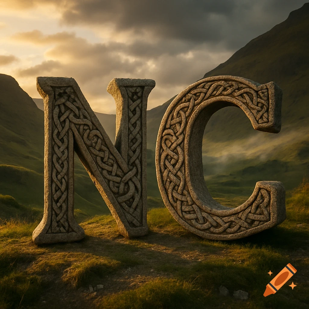 Large stone letters 'NC' with intricate Celtic knotwork stand in a misty, green mountainous Scottish landscape at sunset.