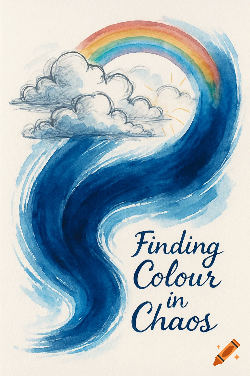 Watercolor illustration with sketched clouds, a rainbow, and a large blue swoosh. Text reads 'Finding Colour in Chaos'.