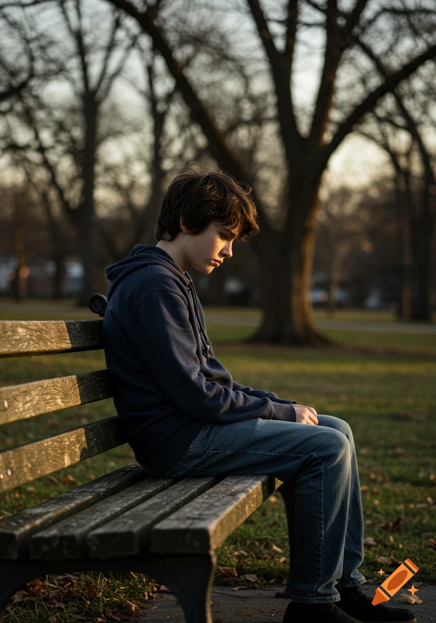 A sad young boy sits alone on a wooden park bench, looking down.