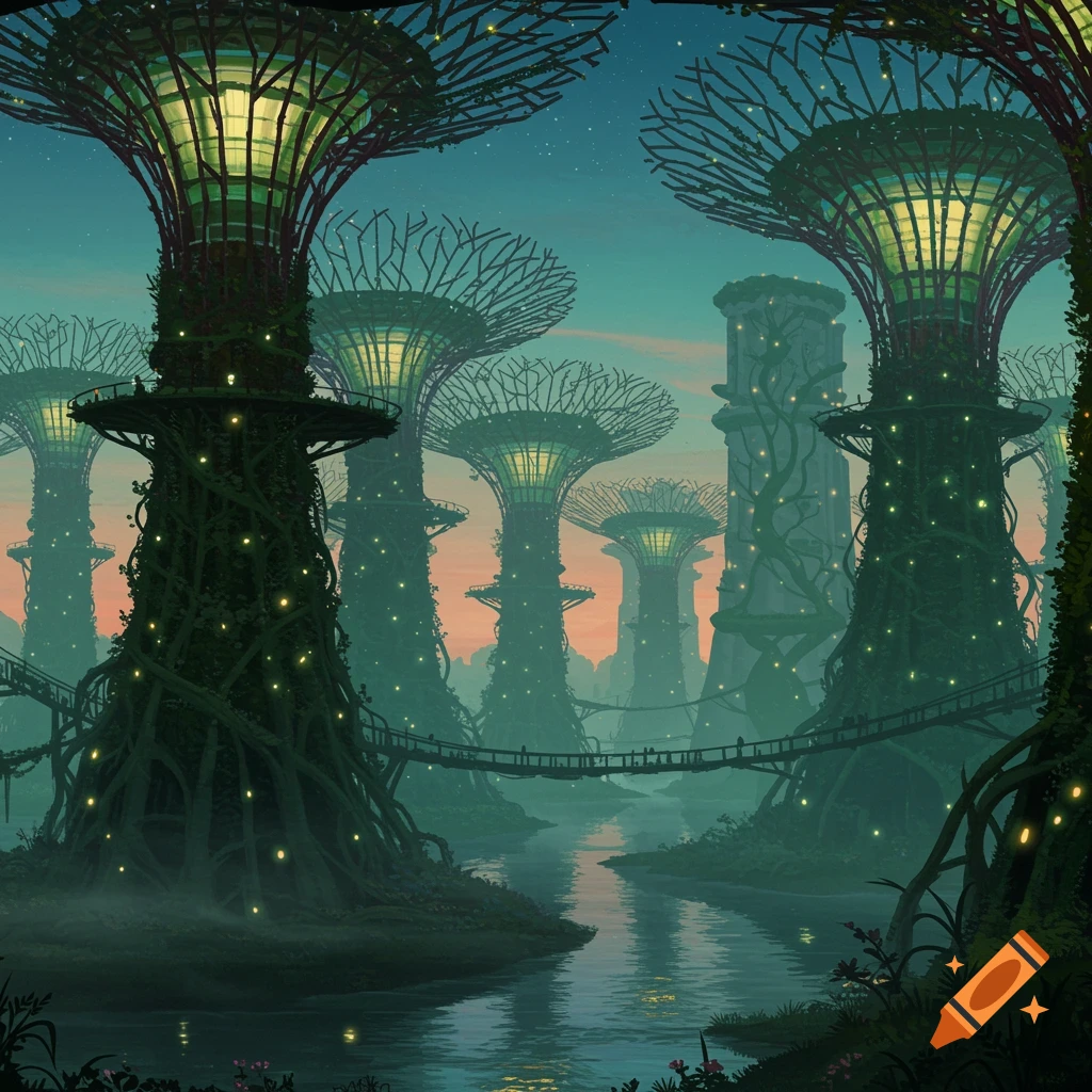 Glowing, tree-like superstructures with bridges over a river at dusk in a futuristic fantasy garden.
