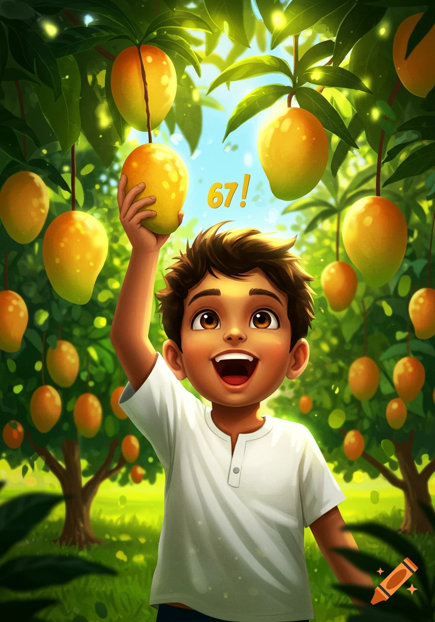 An illustrated boy smiling and reaching for a mango on a tree, with '67!' floating in the background.