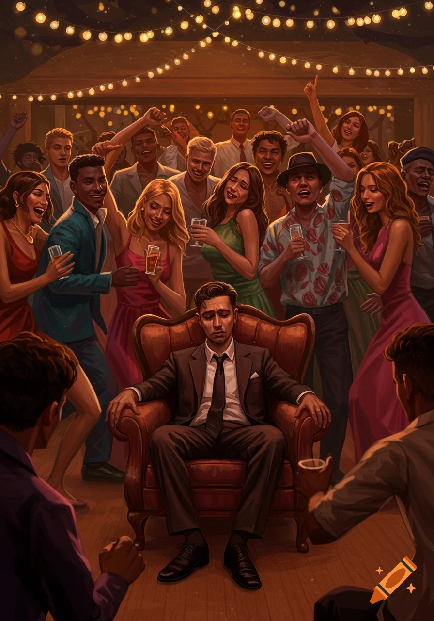 An emotional painting of a sad man sitting in an armchair, surrounded by a large group of vibrant, laughing, and dancing partygoers under string lights.