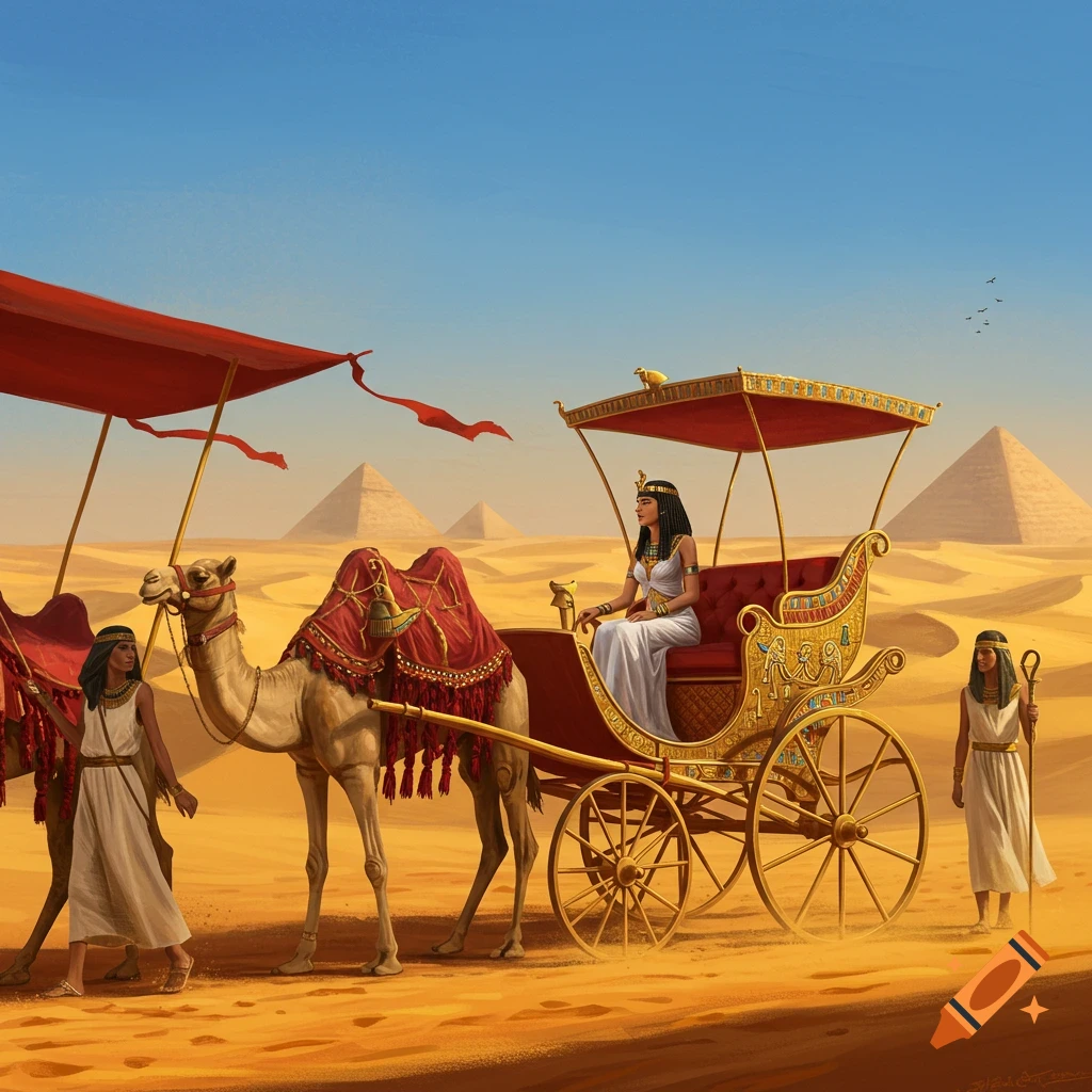 Cleopatra in a golden camel-drawn carriage in the desert with attendants and pyramids in the background. Digital illustration.