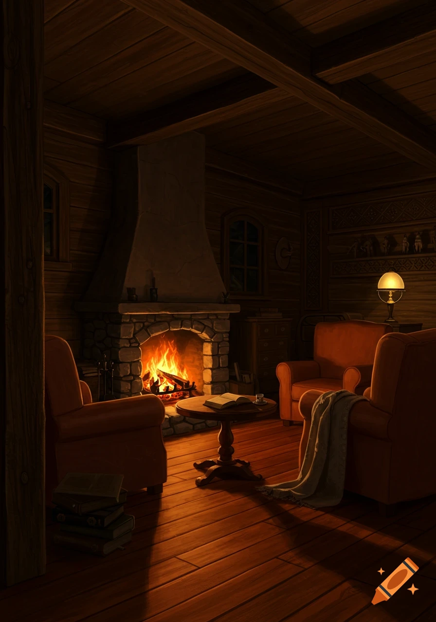 A cozy wooden cabin interior at night, featuring a lit stone fireplace, two armchairs, a table with an open book, and warm lighting.