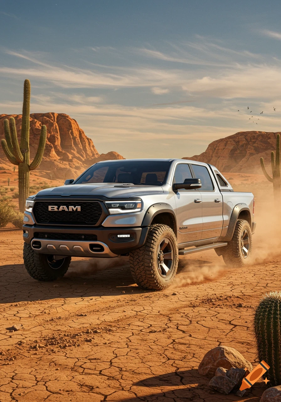 A silver pickup truck with large tires kicks up dust on a dry, cracked desert road, with saguaro cacti and red rock formations under a cloudy sky.