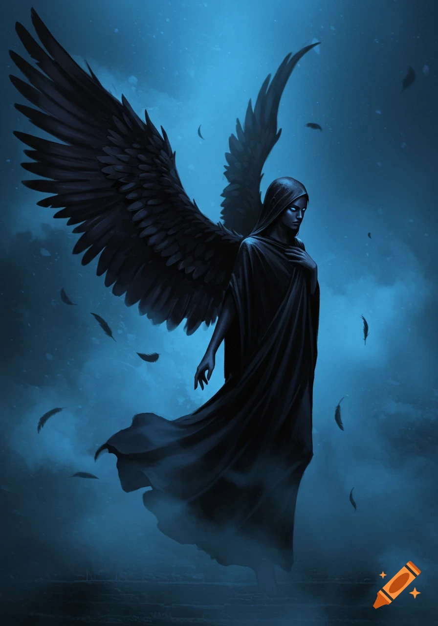 A dark angel with black wings and a flowing cloak stands in a blue misty environment with falling feathers, looking right. Digital painting.