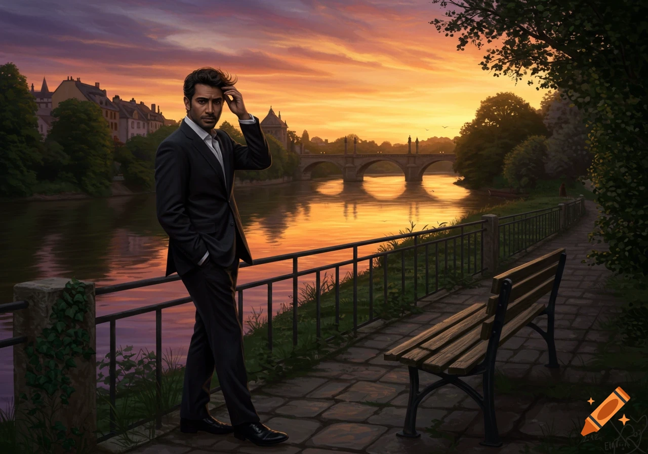 A painted man in a suit stands by a river at sunset with a bridge and city buildings in the background.