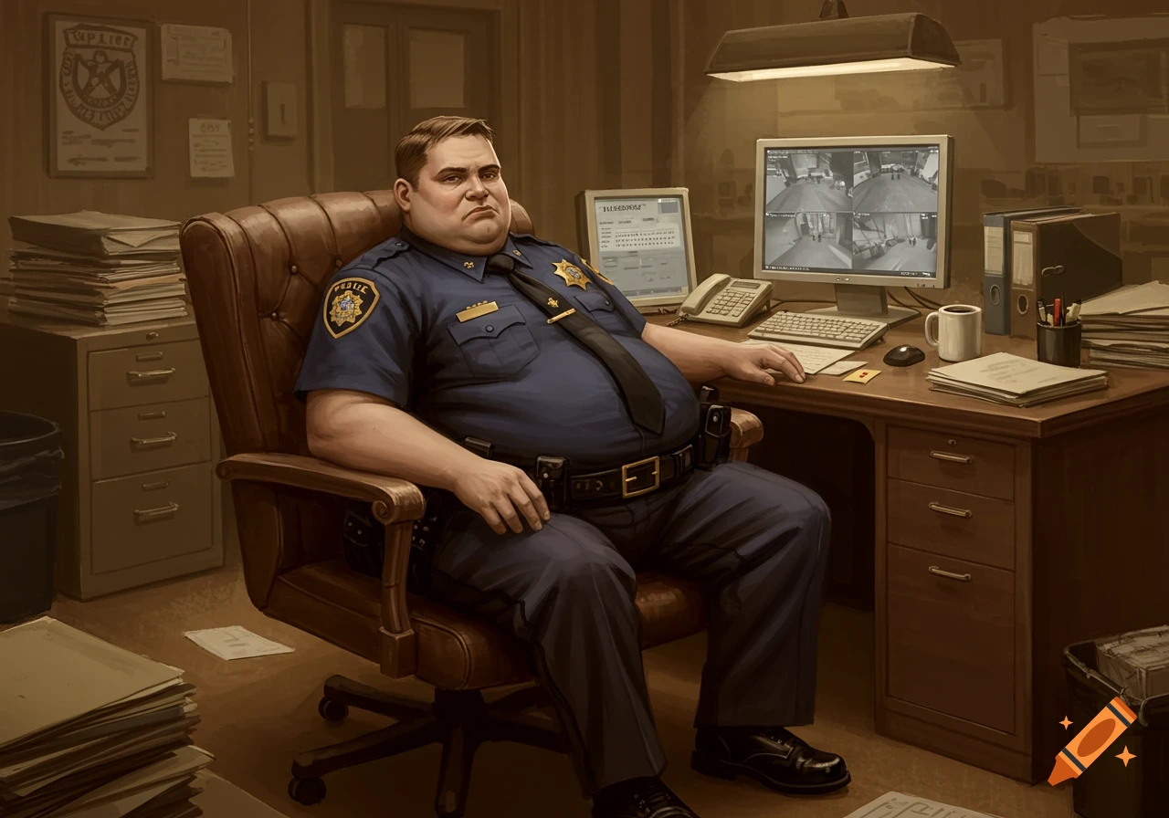 A morbidly obese police officer sits in a leather chair at a cluttered desk in a police station office, looking directly at the viewer. On his desk are monitors displaying surveillance footage.