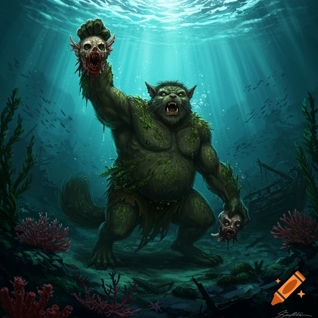 A green, muscular cat-like beast stands underwater, holding two bloody severed heads, with a sunken ship in the background.