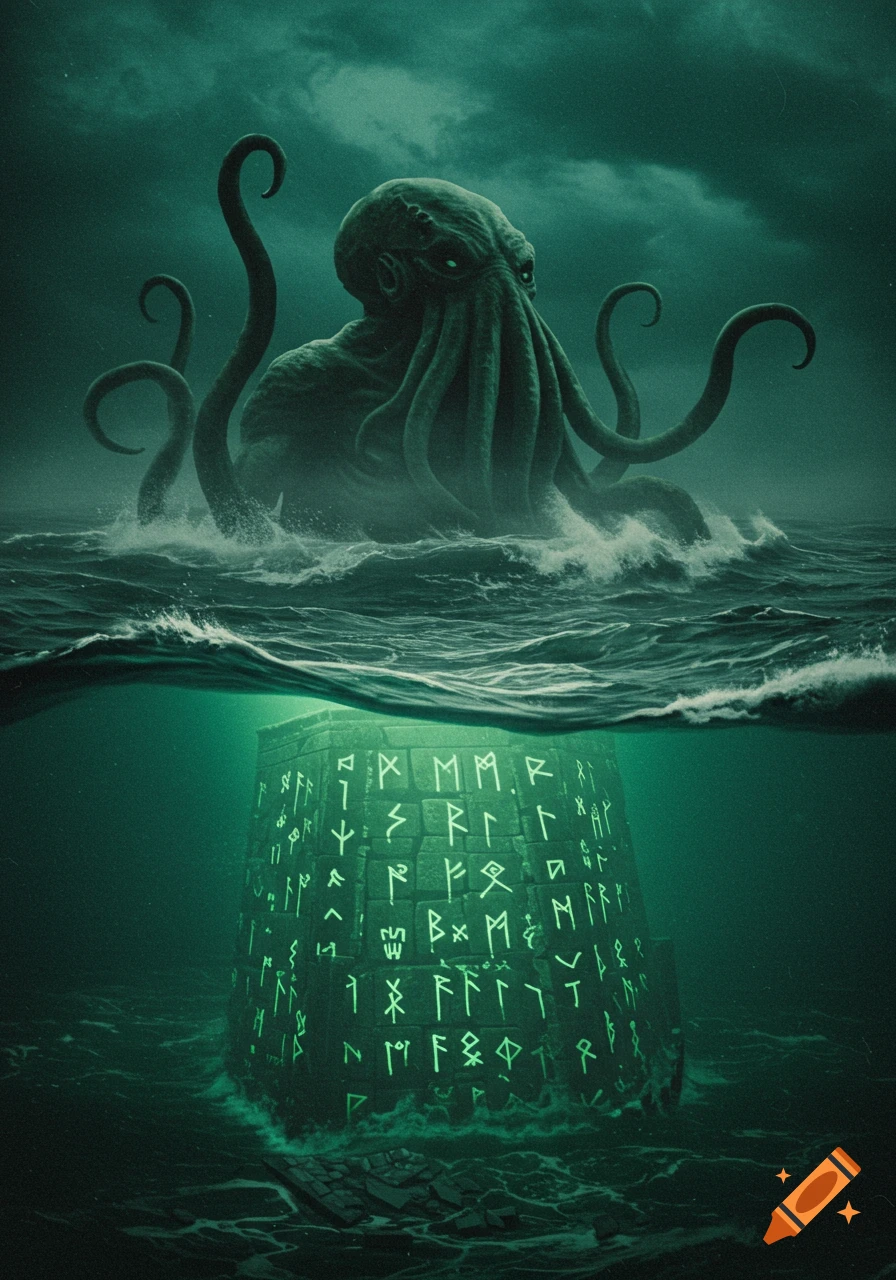A massive, green-hued Cthulhu emerges from dark, churning ocean waves, while beneath the surface, ancient ruins glow with eerie green, indecipherable runic text.