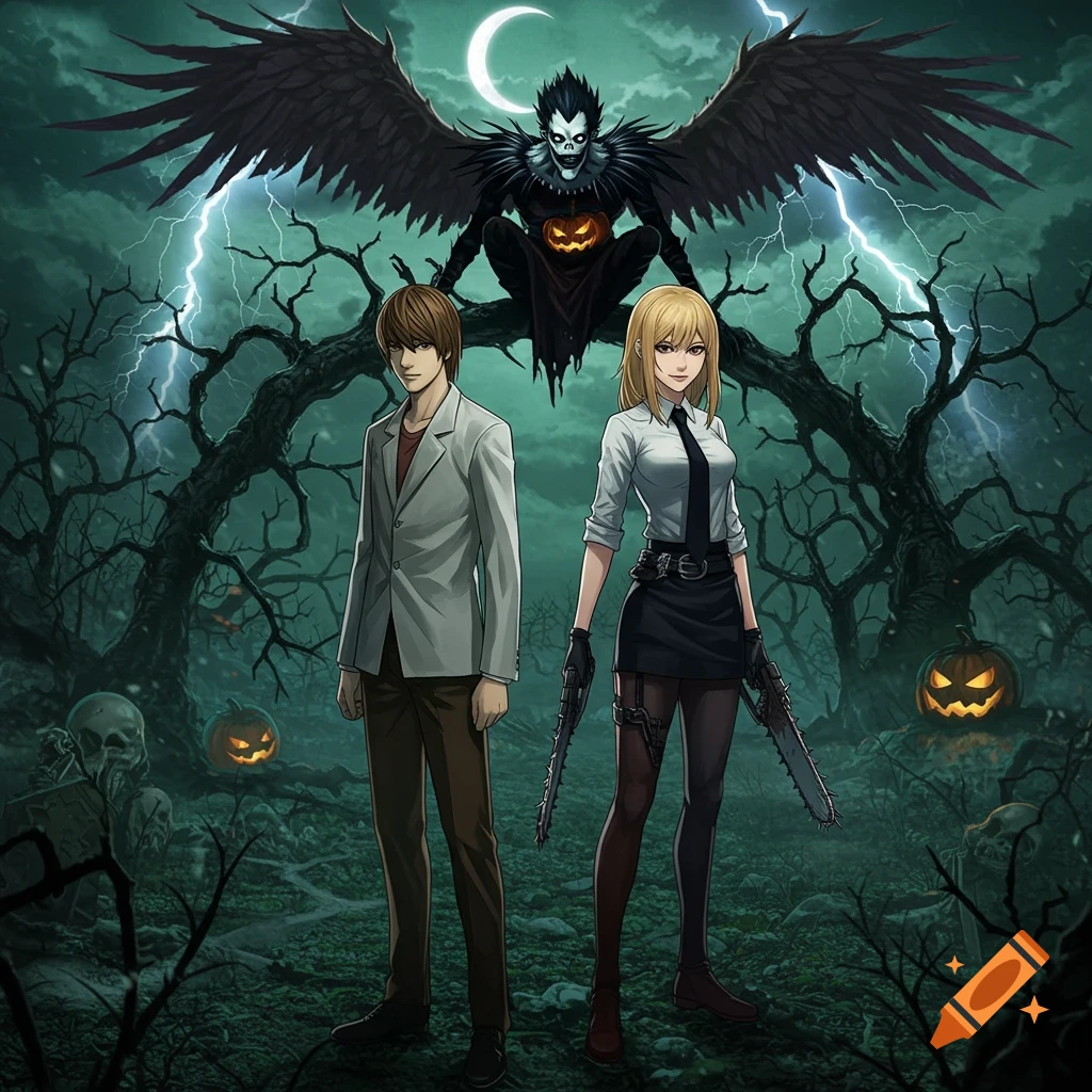 Light Yagami and a blonde woman in a dark, spooky forest with Ryuk, a winged monster, on a tree branch with pumpkins and tombstones.
