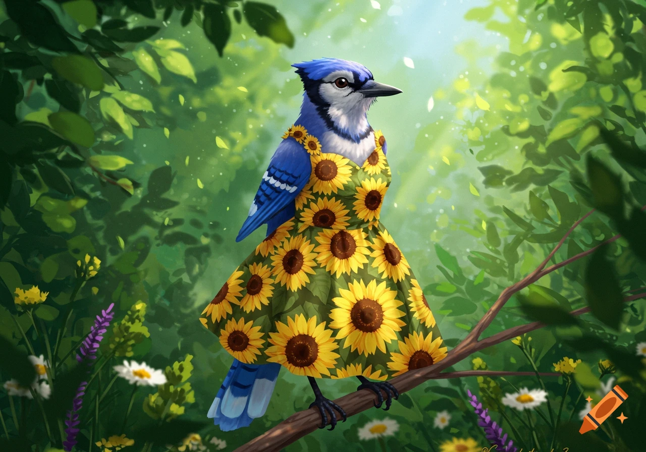 A bluejay wearing a green dress with yellow sunflowers perched on a tree branch in a lush forest.