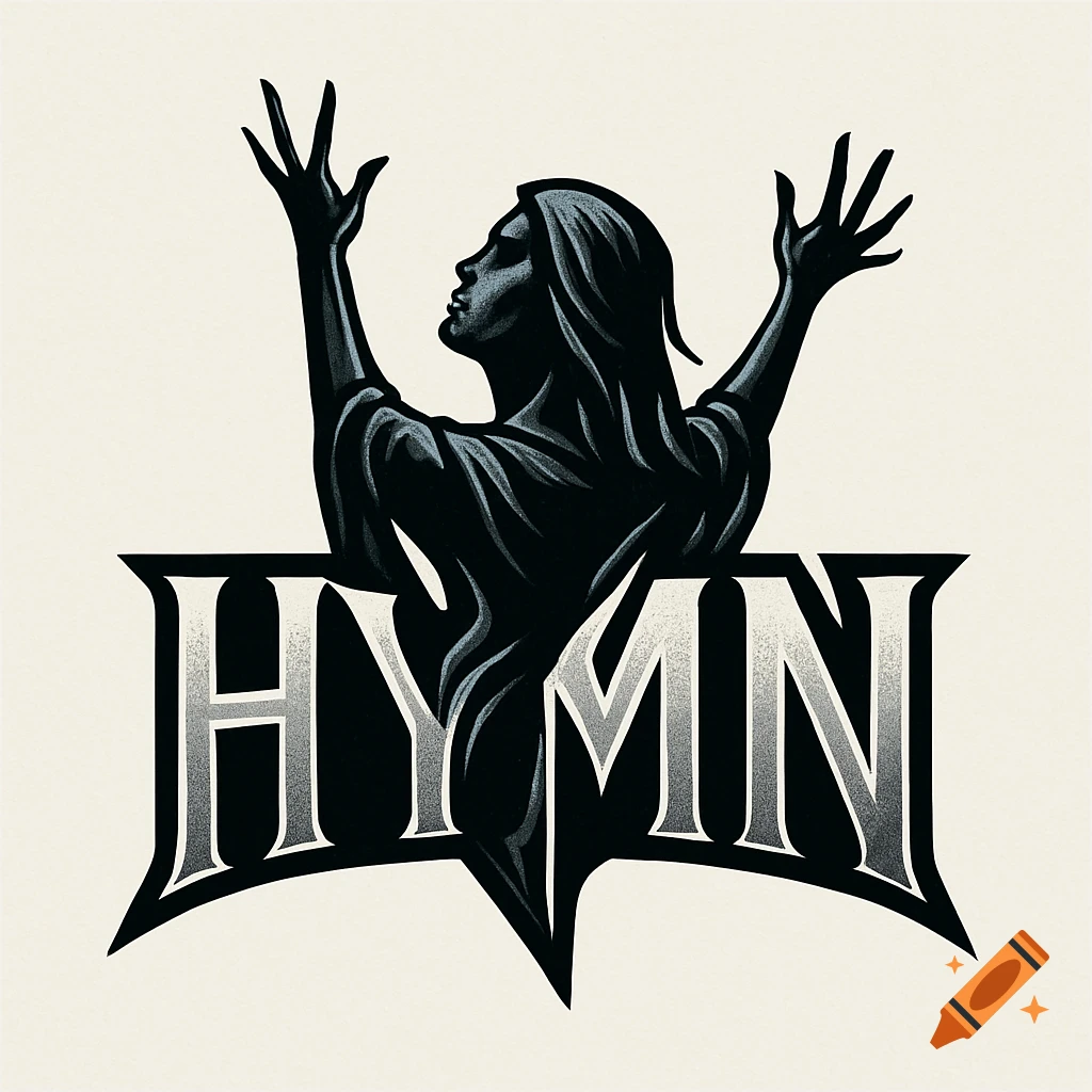 A stylized black and white vector logo featuring a person with raised hands integrated into the word "HYMN".