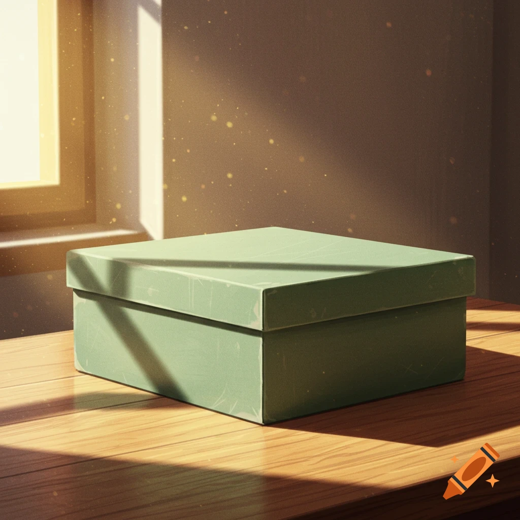 A mint green cardboard box sits on a sunlit wooden table near a window, with dust motes floating in the light.