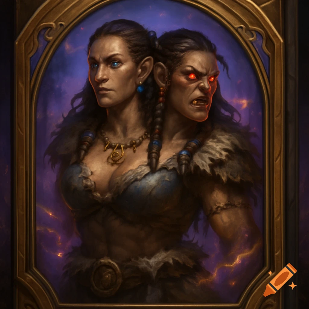 A two-headed female ettin in a fantasy art style, depicted within an ornate golden card frame with a purple background.
