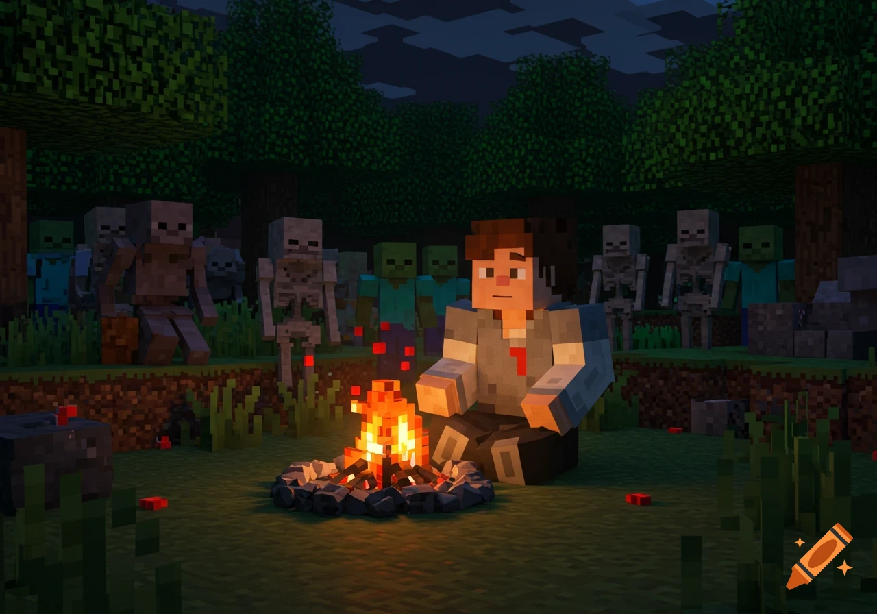 A man in Minecraft style sits by a campfire at night, surrounded by skeletons and zombies in a forest.