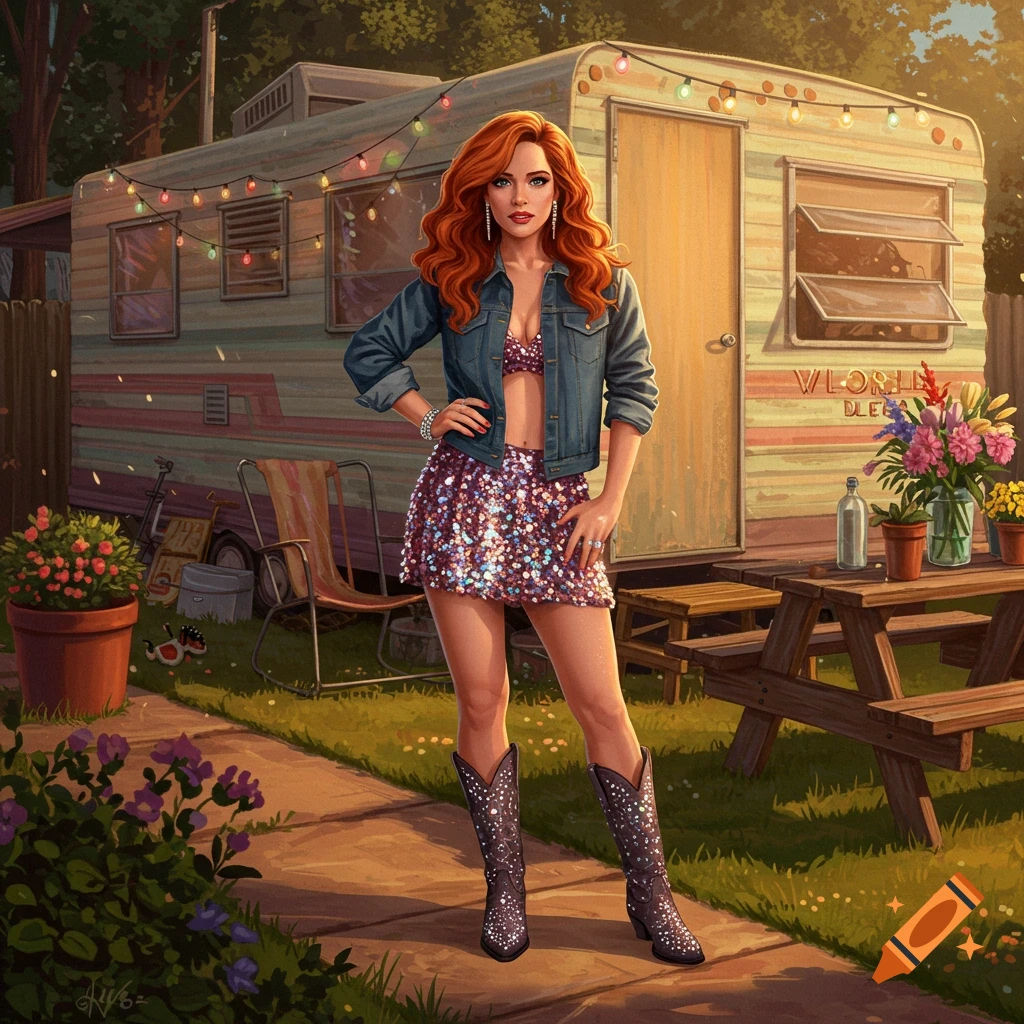 Digital art of a woman with long red hair wearing a denim jacket, sequin skirt, and cowboy boots, standing in front of a mobile home in a yard.