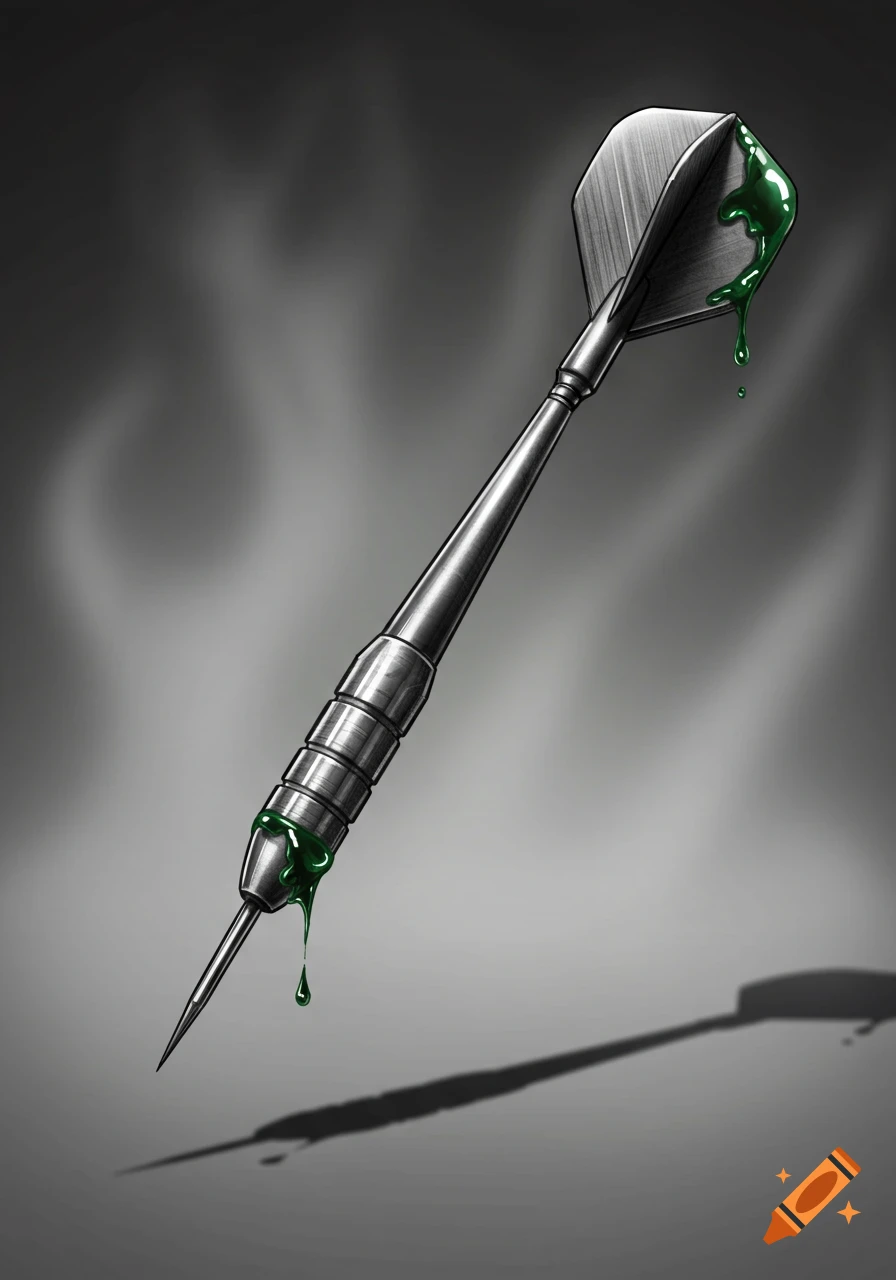 A metallic dart with bright green liquid dripping from its tip and fletching, casting a long shadow on a dark gray background.