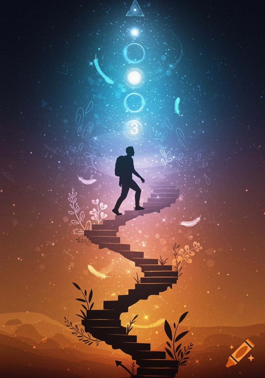 Silhouette of a person climbing spiral stairs into a glowing blue light with floating feathers and plants, against a mystical starry sky. Stylized digital illustration.