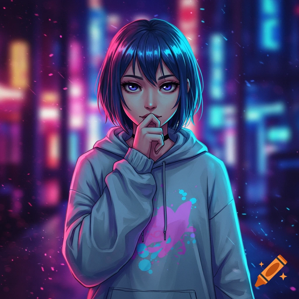 An anime girl with blue hair in a grey hoodie covers her mouth with her hand, standing against a blurry neon city background.