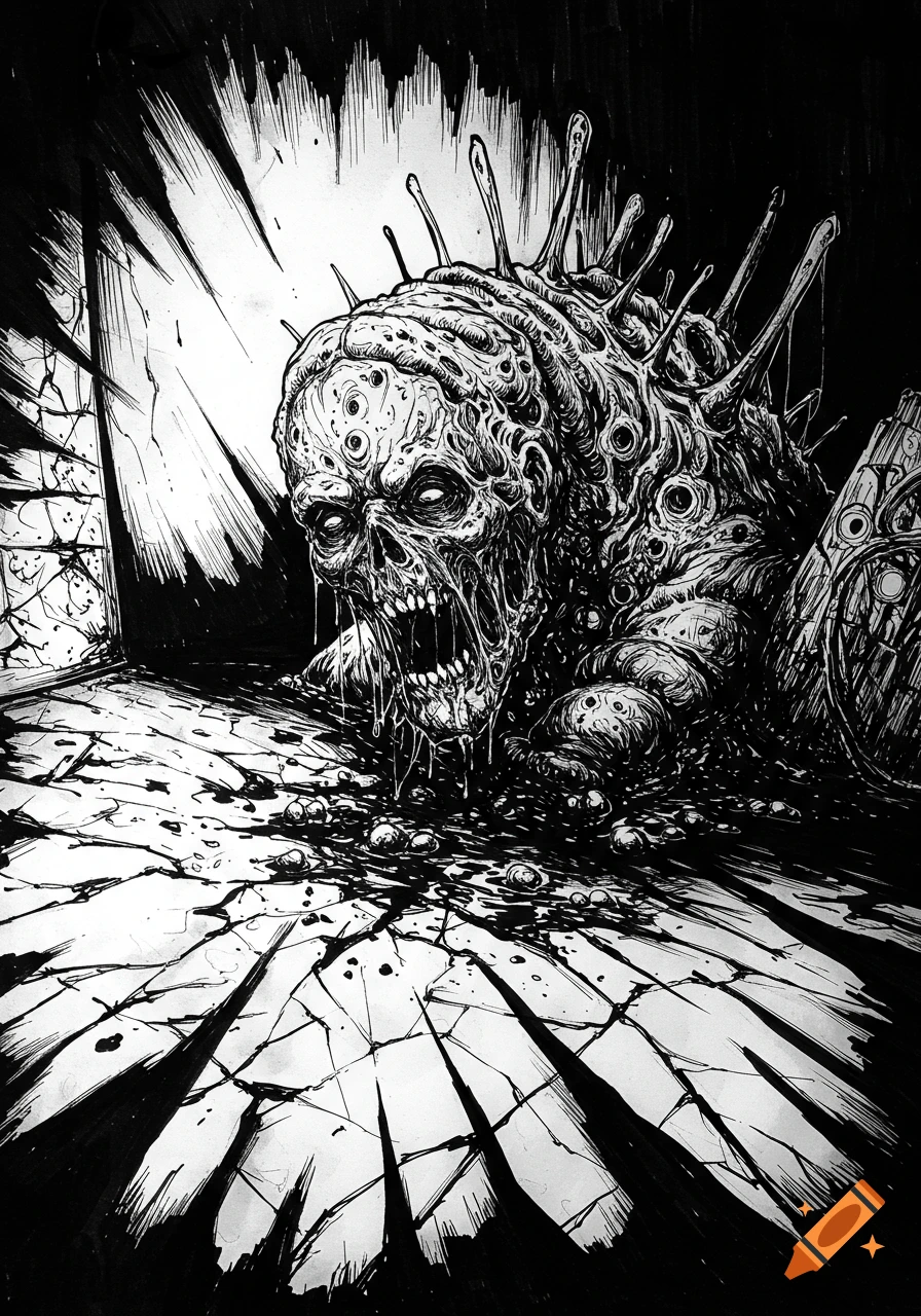 A monstrous, multi-eyed creature with a skull-like face and dripping ooze emerges from a dark room in an ink sketch style.
