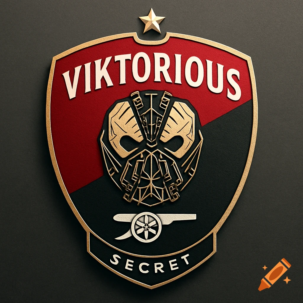 Modern fantasy football club badge in red and black with gold accents, featuring 'Viktorious' at the top, a mask-like symbol, a white cannon, and 'Secret' at the bottom.