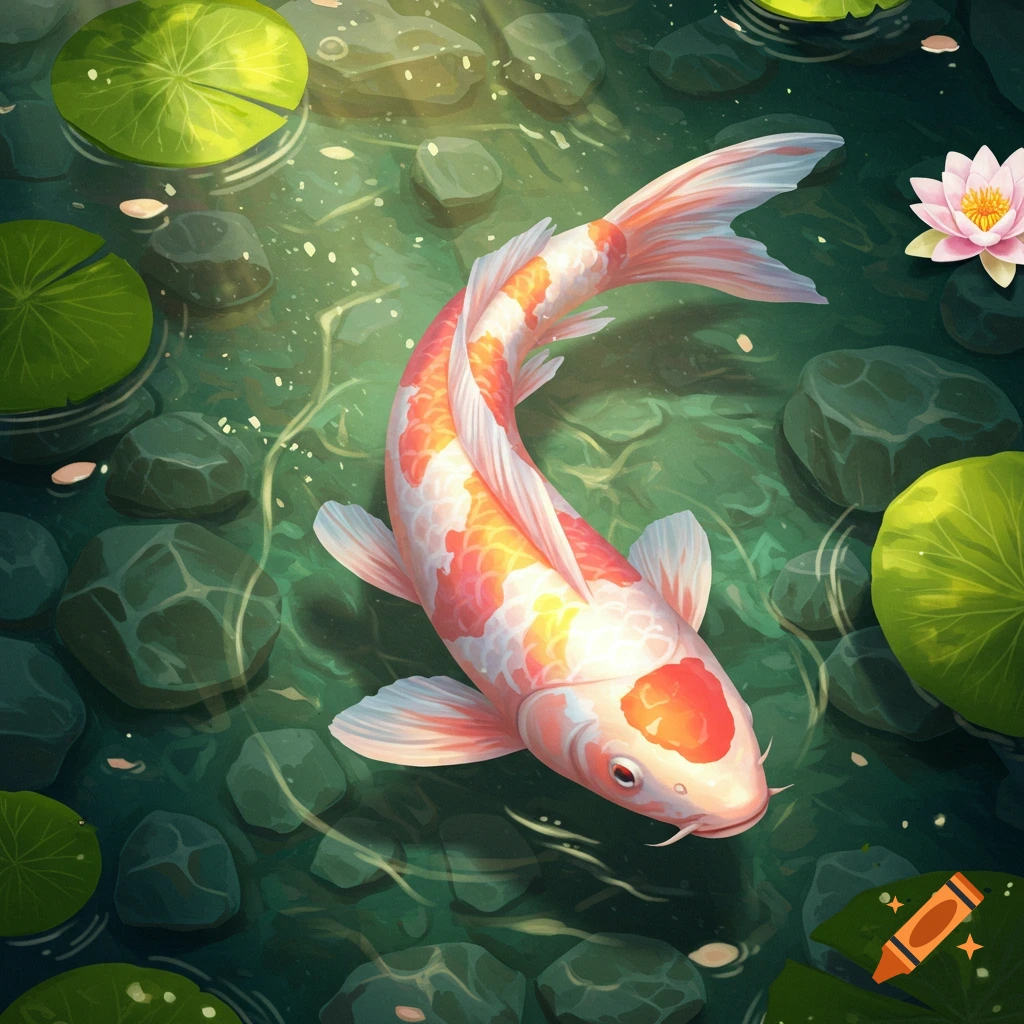 A vibrant orange and white koi fish swims gracefully in a clear green pond among lily pads and a pink lotus flower.