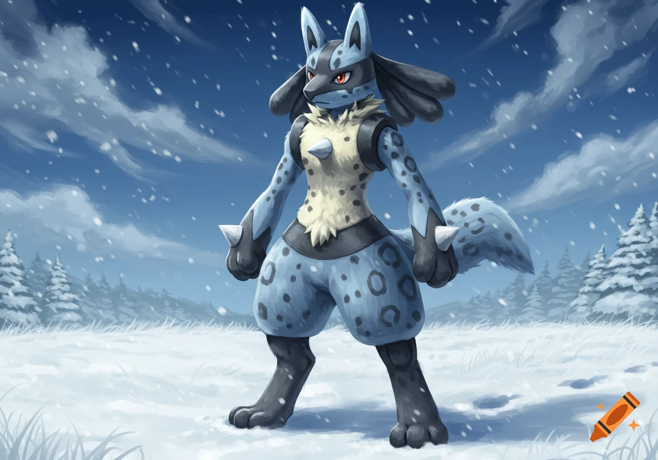 A blue and black Lucario with snow leopard markings stands in a snowy field with pine trees under a cloudy sky with falling snow.