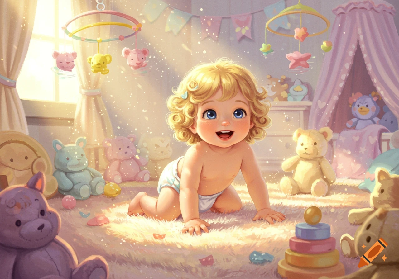 A cute blonde baby crawls in a diaper on a soft rug in a sunny, toy-filled nursery, surrounded by plush animals and sparkling light, in an illustration style.