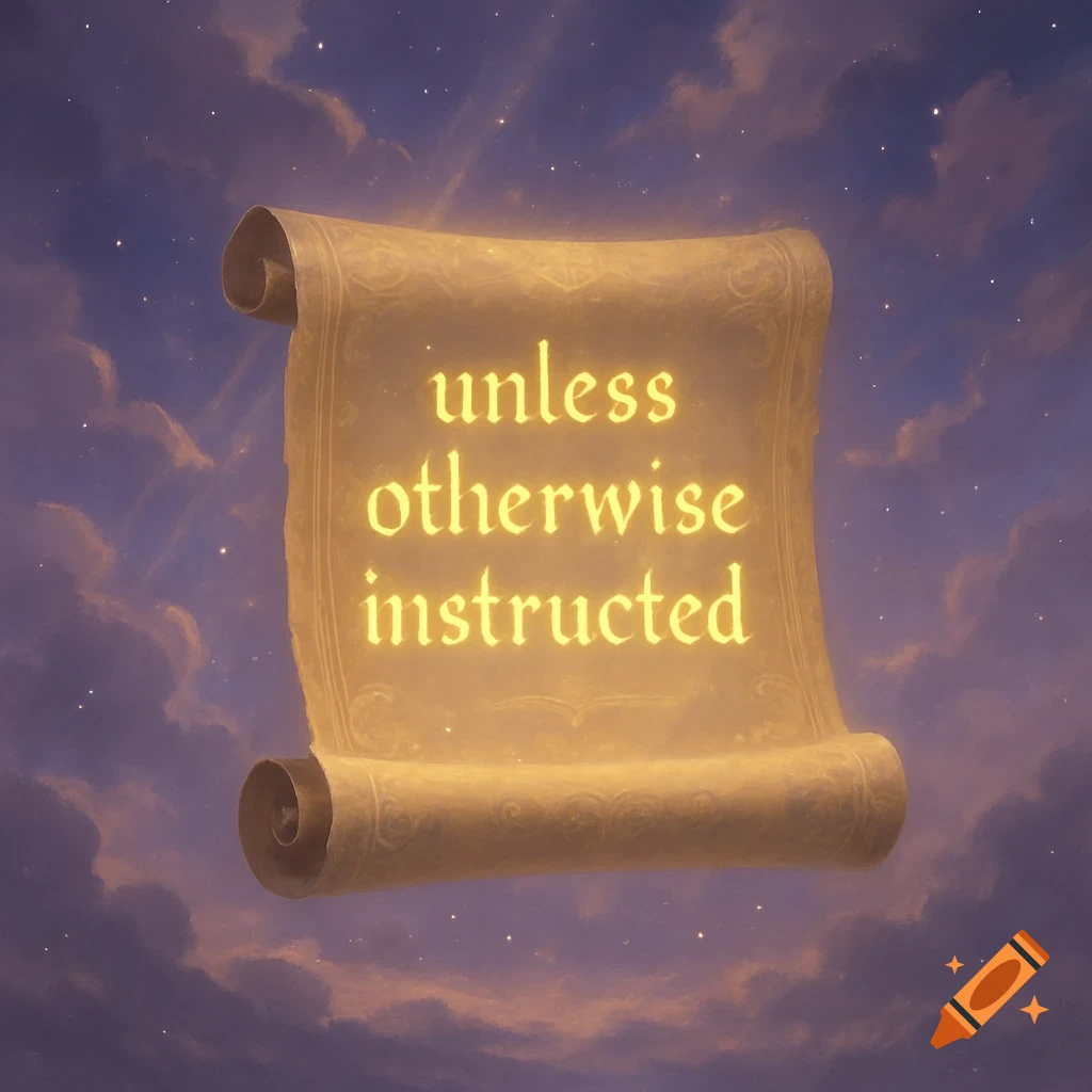 A glowing golden scroll with 'unless otherwise instructed' floating in a starry, cloudy night sky.