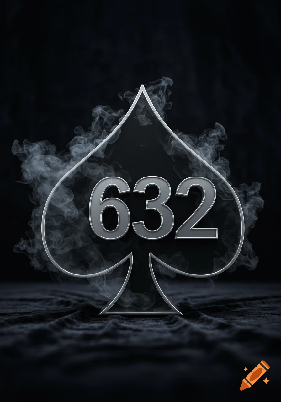 A silver spade symbol with metallic '632' numbers, surrounded by smoke on a dark, textured background.
