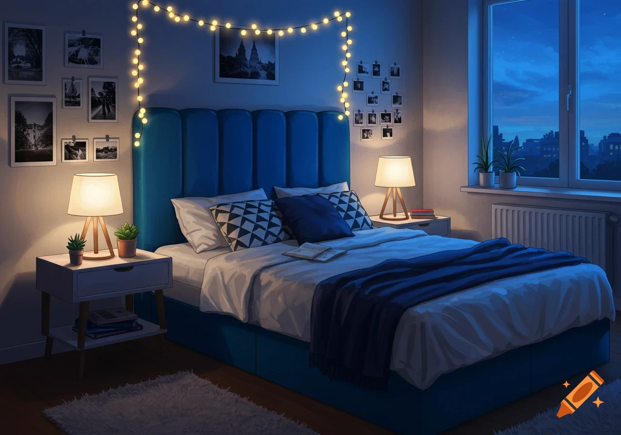 A cozy bedroom at night with string lights, a blue bed, nightstands with lamps, and a city view from the window, digital illustration.