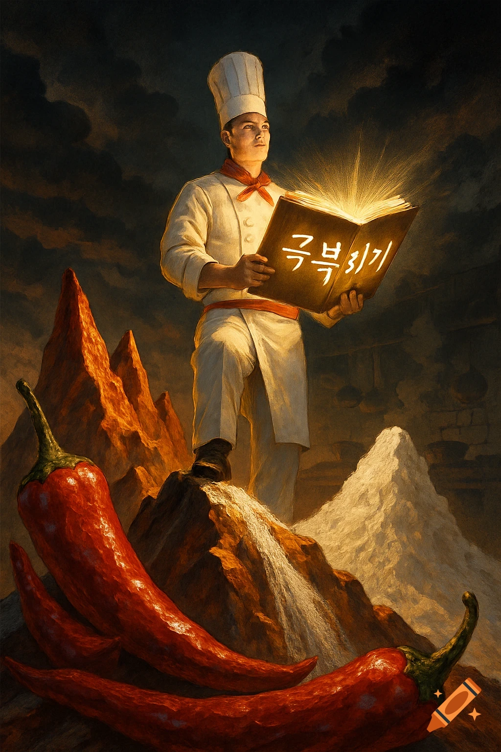 A determined chef stands triumphantly on a mountain of chili peppers and flour, holding a glowing cookbook with Korean text.
