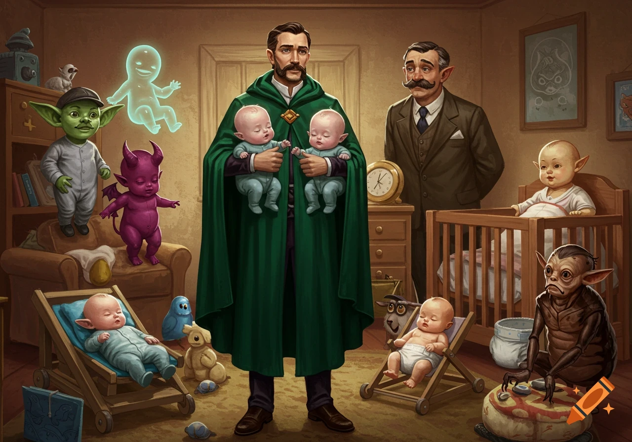 A man in a green cloak holds two babies with elf-like ears, surrounded by various fantasy creature babies including goblins, a demon, a ghost, and a hybrid, in a nursery room setting. Another man with a mustache stands nearby.