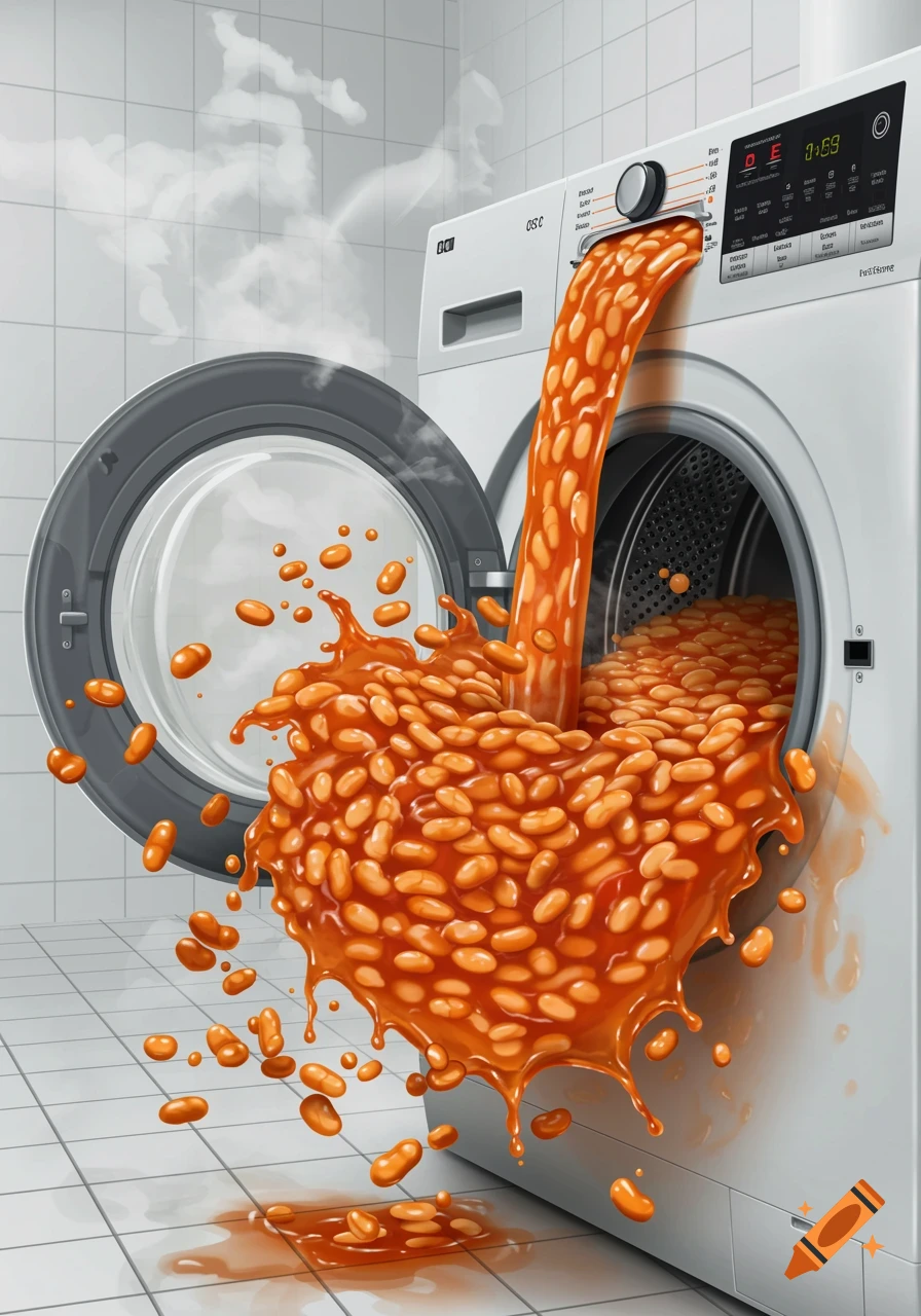 A white washing machine overflows with orange baked beans spilling onto a tiled floor, with steam rising from the open door.
