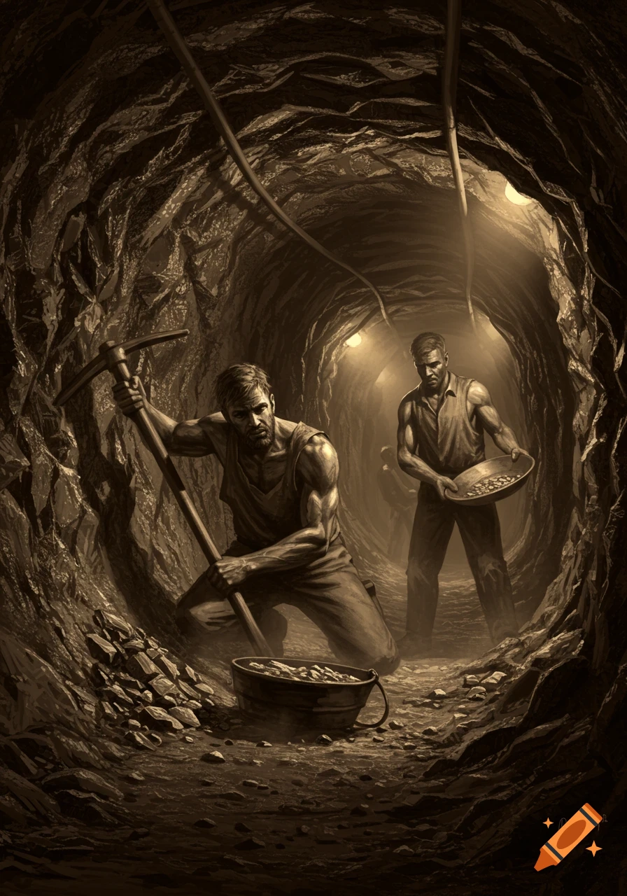 Two men mining gold in a dark cave, one with a pickaxe and the other with a pan full of gold, in a sepia-toned illustrative style.