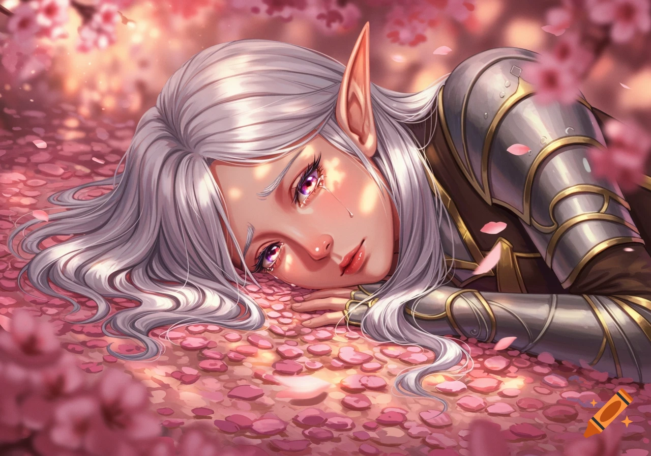 An anime elf with long white hair and purple eyes lies sadly on a bed of pink petals, wearing armor.