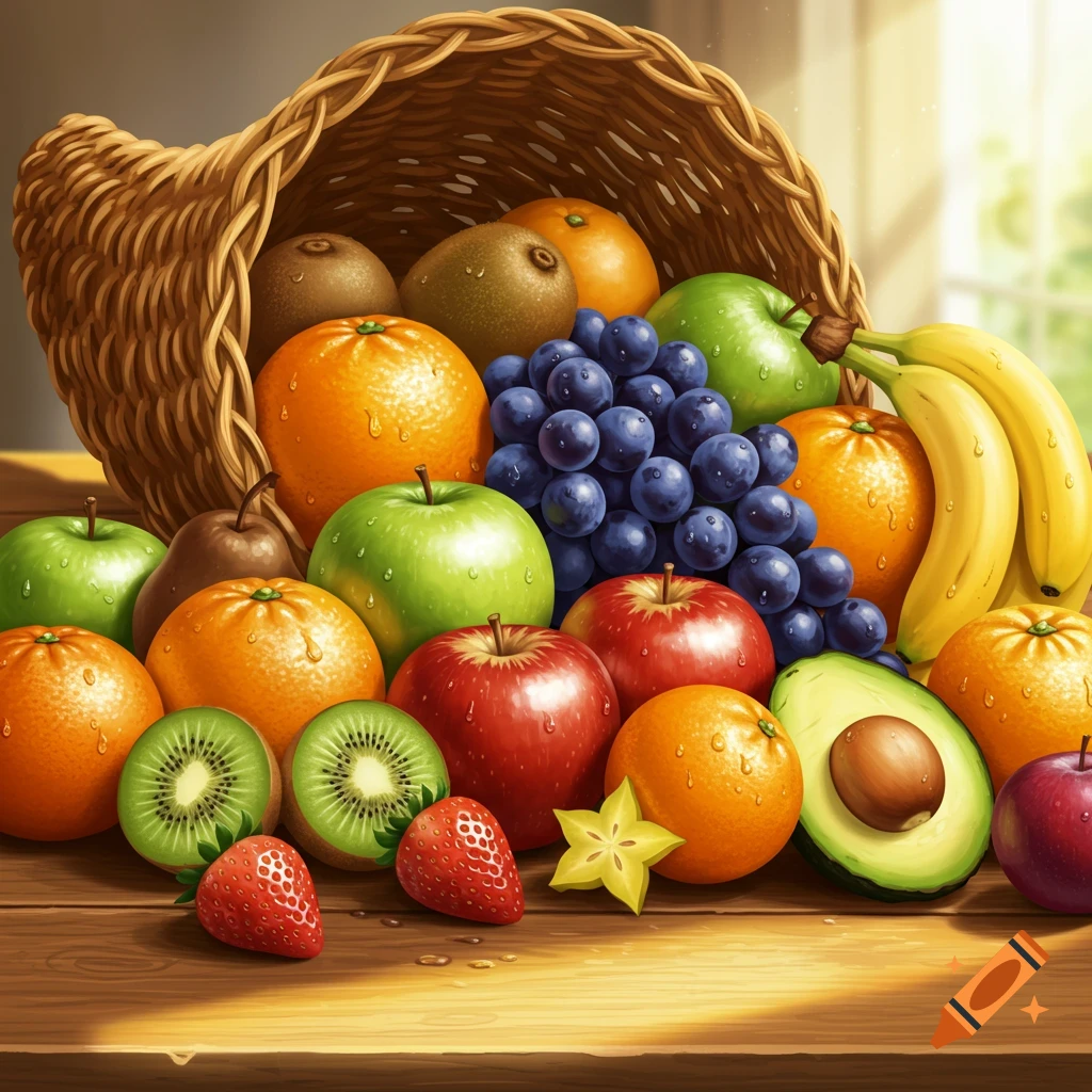 A woven basket overflowing with a vibrant assortment of fresh fruits, including apples, oranges, grapes, and bananas, on a wooden table in bright light.