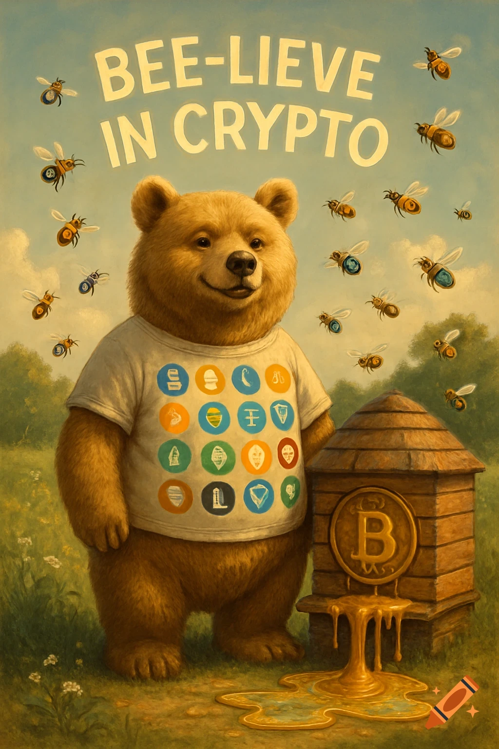 A cartoon honey bear wearing a white t-shirt with various abstract colorful crypto logos, standing next to a beehive with a Bitcoin symbol. Honey, or 'crypto,' drips from the hive. Bees with crypto symbols fly in the sky, which has the text 'BEE-LIEVE IN CRYPTO'.